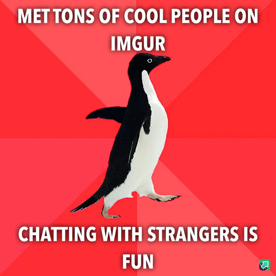 A black-and-white penguin stands against a red background with diagonal stripes. White text at the top reads 'MET TONS OF…