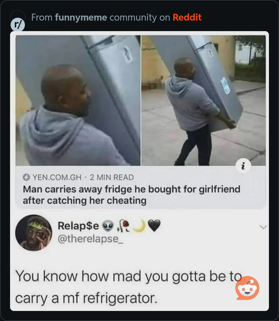 A split image shows a man in a grey hoodie carrying a large refrigerator away from a building. The image is overlaid with a…