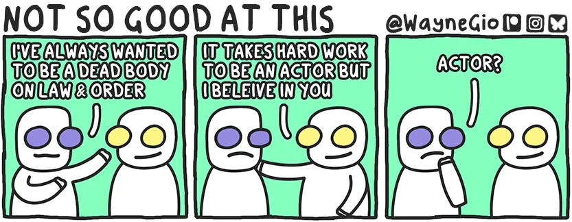 A three-panel comic strip featuring two simple white cartoon characters with colored eyes. In the first panel, one character…
