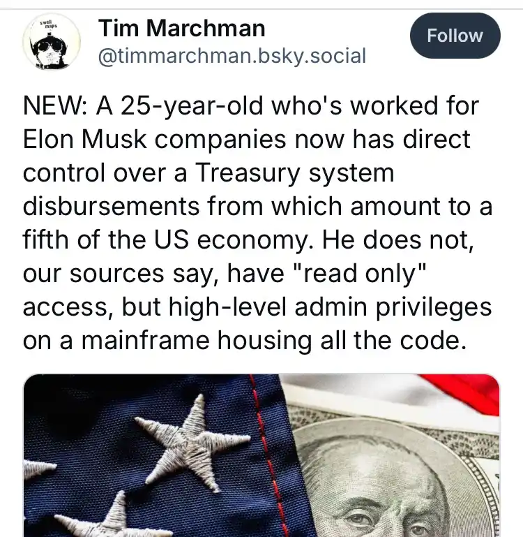 A screenshot of a social media post by Tim Marchman showing text about a 25-year-old with high-level admin access to U.S…