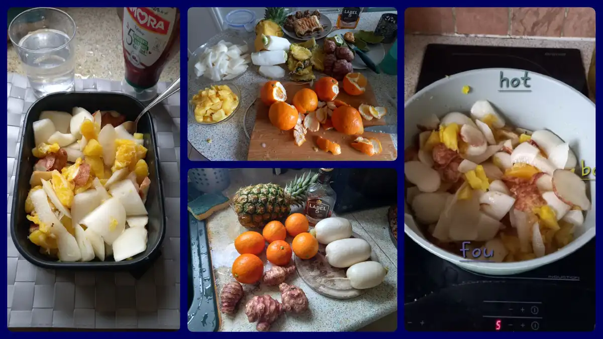 A collage of four photos showing the preparation of a bizarre dish: chopped pineapple, oranges, white radishes, and other…