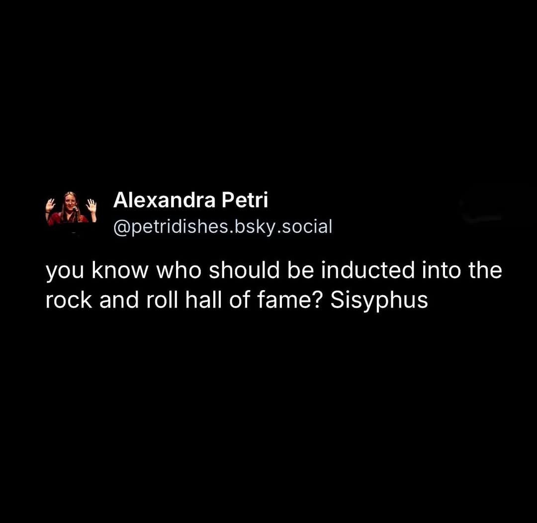 A black background displays a social media post by Alexandra Petri, whose profile picture shows her smiling with hands…