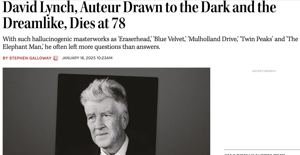 A black-and-white newspaper obituary headline reads 'David Lynch, Auteur Drawn to the Dark and the Dreamlike, Dies at 78,'…
