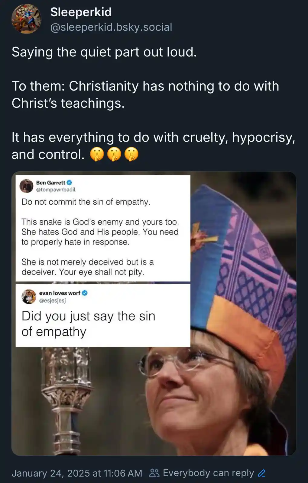 The image shows a woman in a blue and orange bishop's mitre, looking upward with a subtle, knowing smile. Overlaid text…