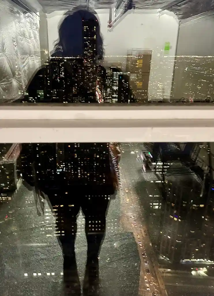 A person's silhouette is visible in a reflective glass surface, with a city skyline at night reflected in the glass. The…