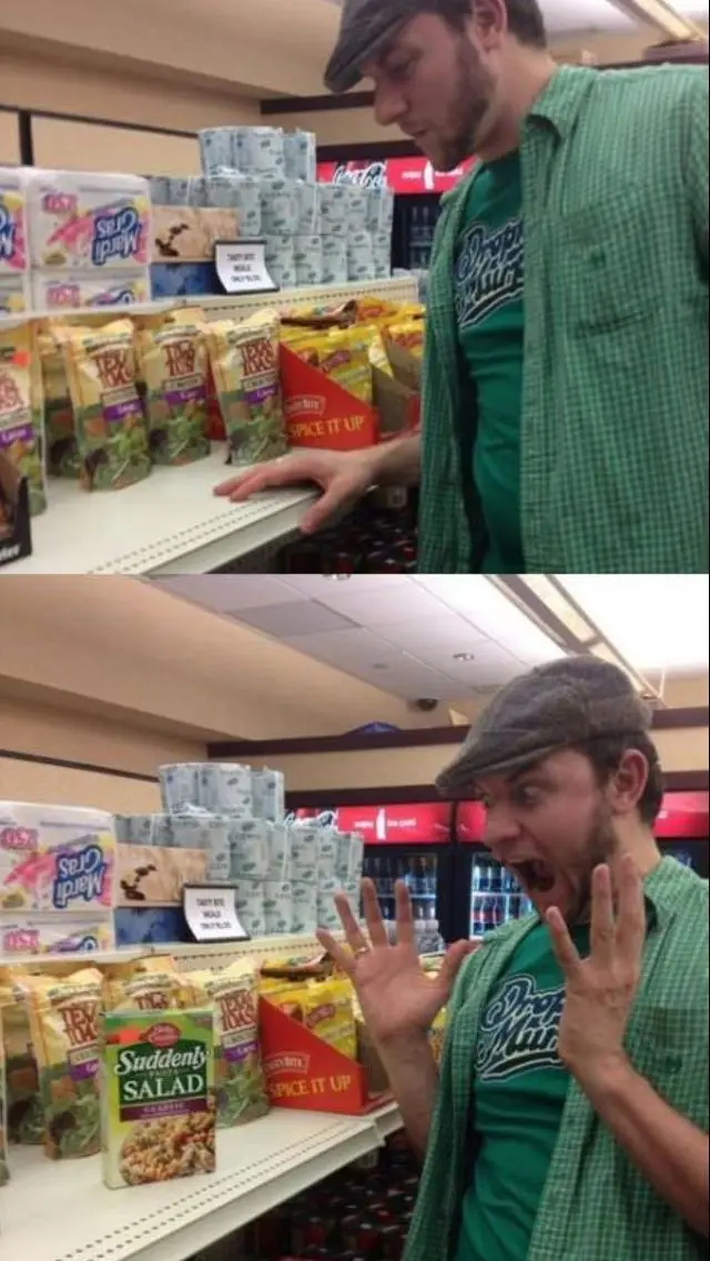 A man in a green plaid shirt and flat cap looks at a grocery store shelf. In the top panel, he calmly reaches for a snack…