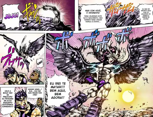 A manga panel from JoJo's Bizarre Adventure shows a character transforming into a monstrous, winged, bird-like entity with…