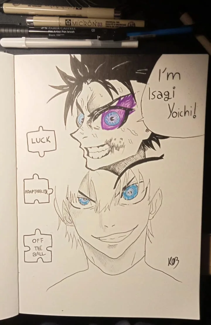 A hand-drawn sketch in a notebook shows two versions of the anime character Isagi Yoichi: one with a calm expression and…