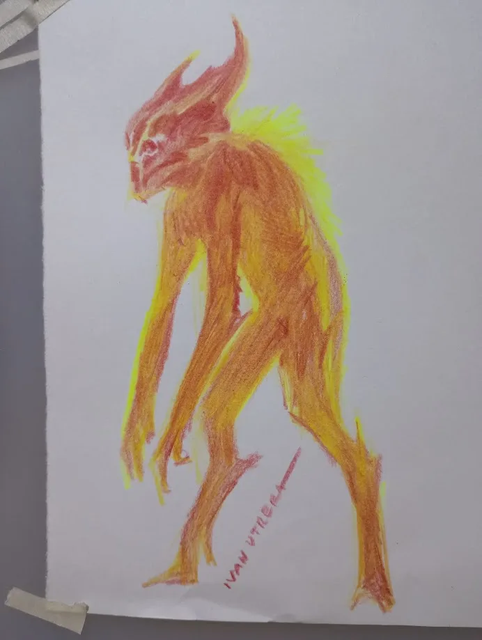 A child's crayon drawing on white paper depicts a humanoid creature with horns, a fiery orange-yellow color scheme, and a…
