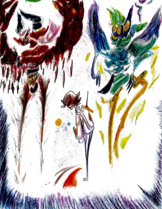 A small, stylized anime character with red eyes and a sword stands in the center of a chaotic, abstract scene with two…