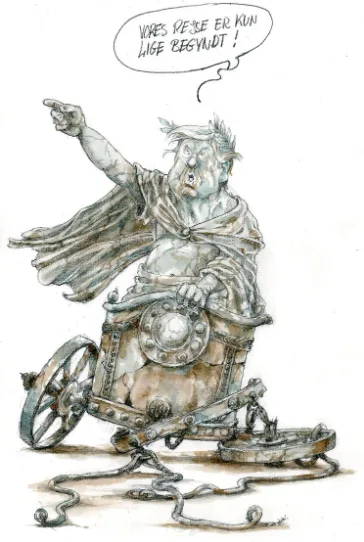 A cartoon drawing of a grotesque, rotund man with wild hair, wearing a tattered cloak, sitting in a rickety, chained cart…