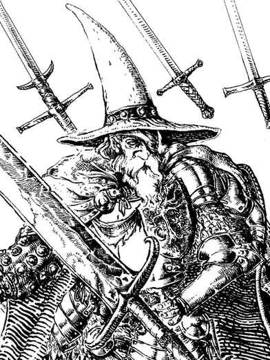 A black-and-white line drawing depicts a bearded wizard wearing a tall pointed hat and ornate armor, surrounded by multiple…