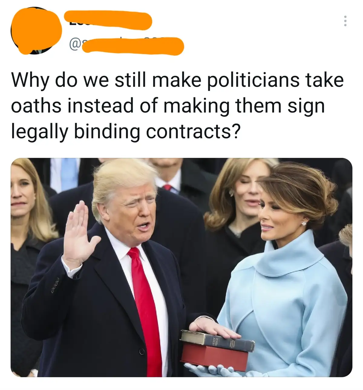 A photo shows Donald Trump raising his right hand while taking an oath of office, with Melania Trump holding a Bible. The…