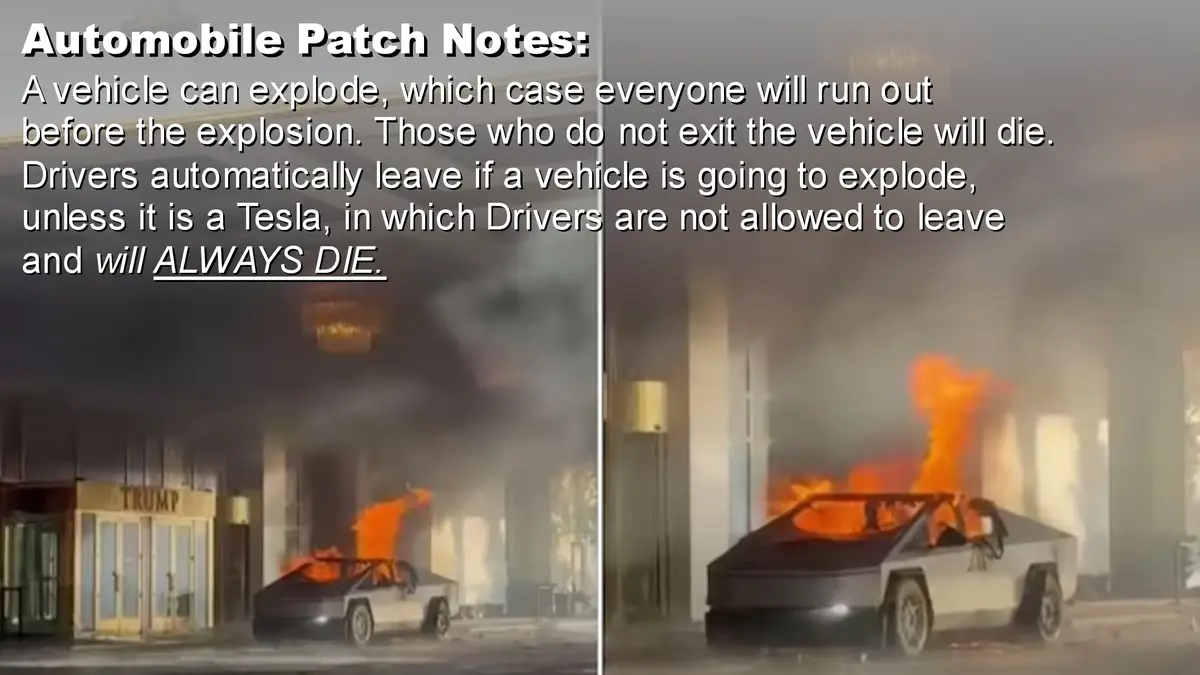 The image shows a burning Tesla Cybertruck in front of a building with a 'TRUMP' sign. Overlaid text humorously presents…