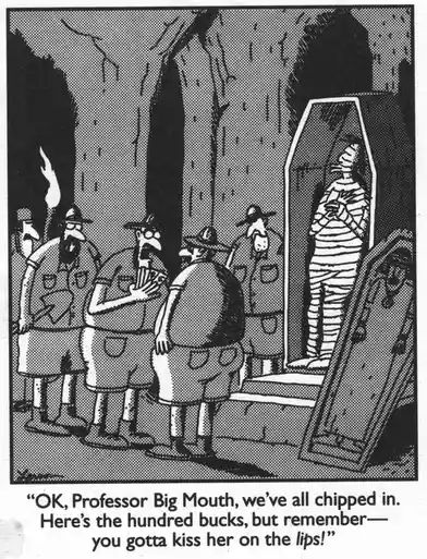 A black-and-white cartoon depicts a group of men in safari-style uniforms standing in a spooky, cave-like setting with…