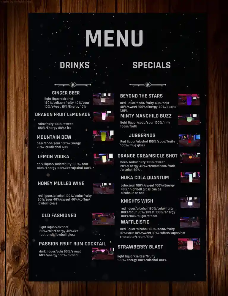 A black menu with a starry background lists drinks and specials from a game, with absurdly high alcohol percentages like…