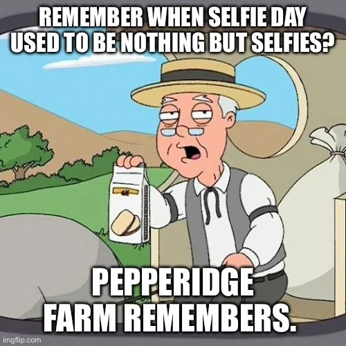 An elderly cartoon man in a straw hat and vest holds up a Pepperidge Farm cookie package, looking nostalgic. The text above…