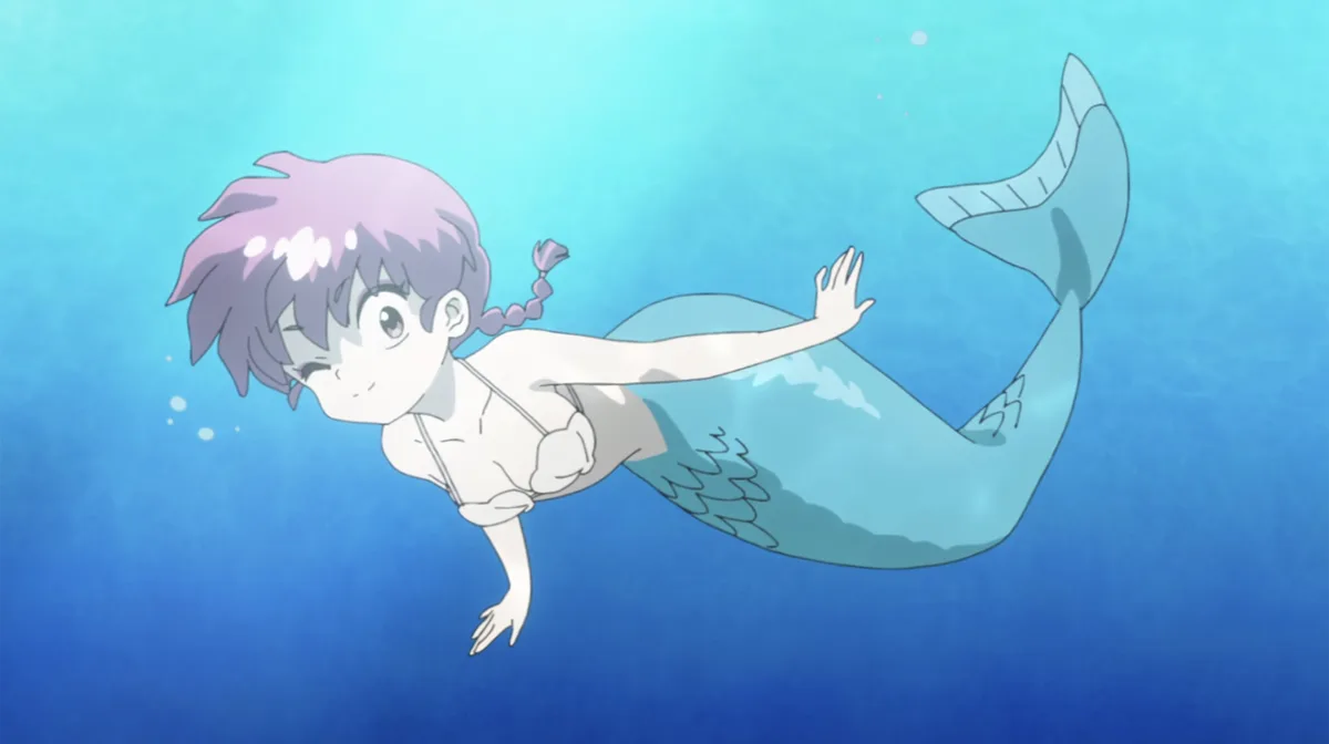 An anime-style girl with short purple hair and a single braid swims underwater with a blue mermaid tail, wearing a white…