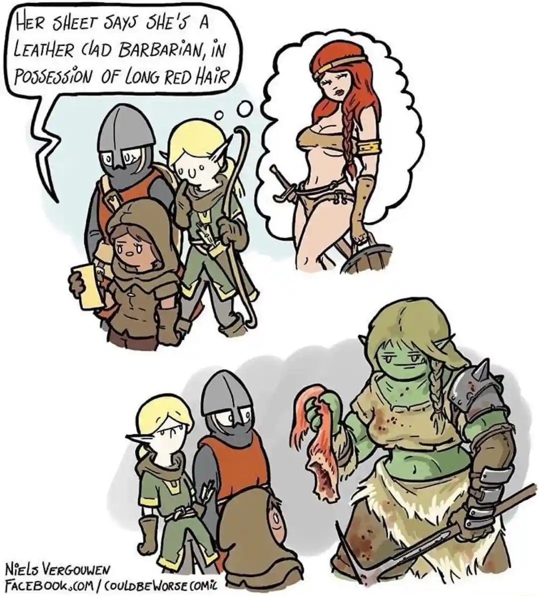 A comic strip shows three fantasy adventurers looking at a character sheet that describes a 'leather clad barbarian with…