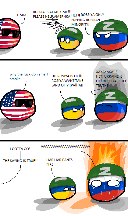 A three-panel comic featuring anthropomorphic country balls. In the first panel, a Russian ball with a 'Z' cap claims to be…