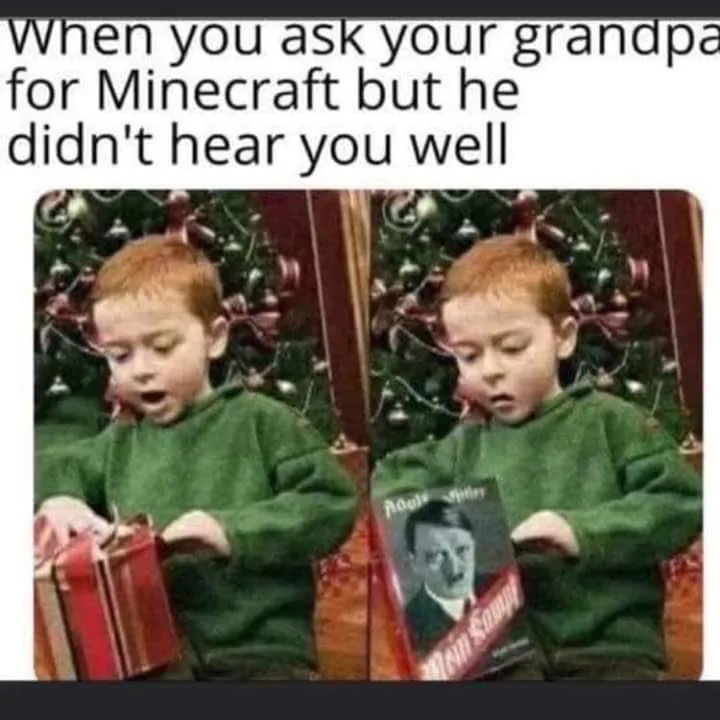 A split image shows a young boy in a green hoodie opening a gift. In the left panel, he looks surprised with his mouth open…