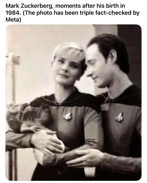 A black-and-white photo shows two people in Star Trek uniforms, one holding a small, furry creature. The text overlaid at…