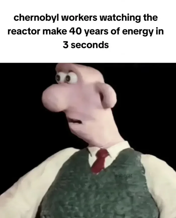 The image shows a close-up of the claymation character Wallace from 'Wallace and Gromit,' with a shocked and wide-eyed…