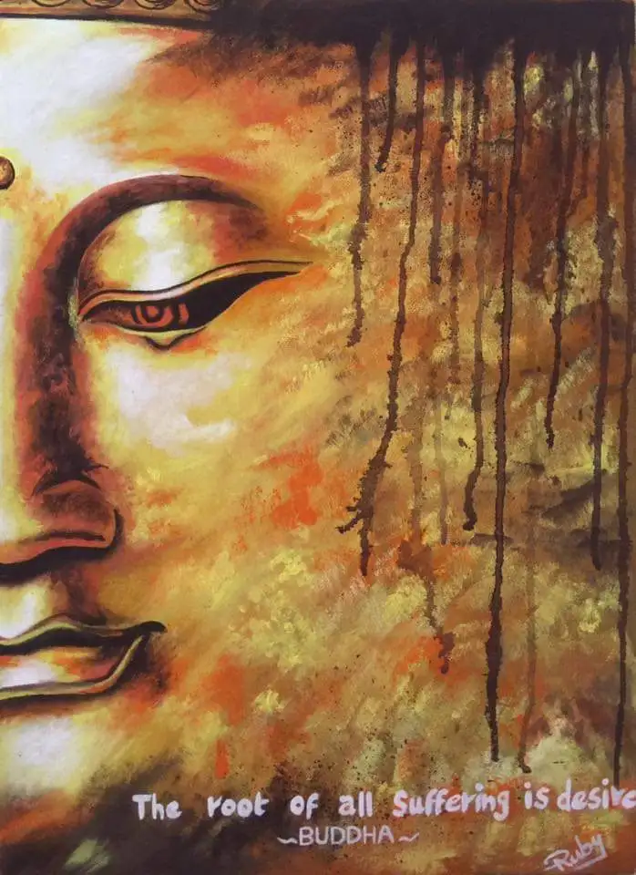 A painting of a serene Buddha face in warm orange and brown tones, with dark vertical streaks resembling tears falling down…
