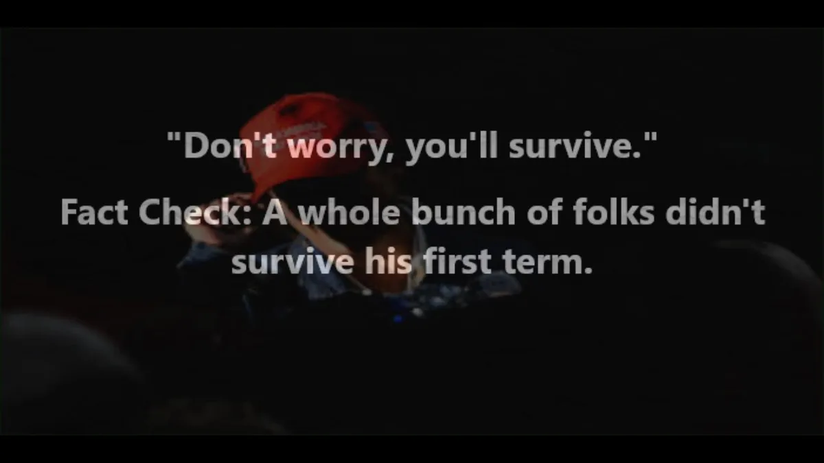 A dimly lit image shows a person wearing a red cap and a denim jacket, with overlaid white text reading: 'Don't worry…