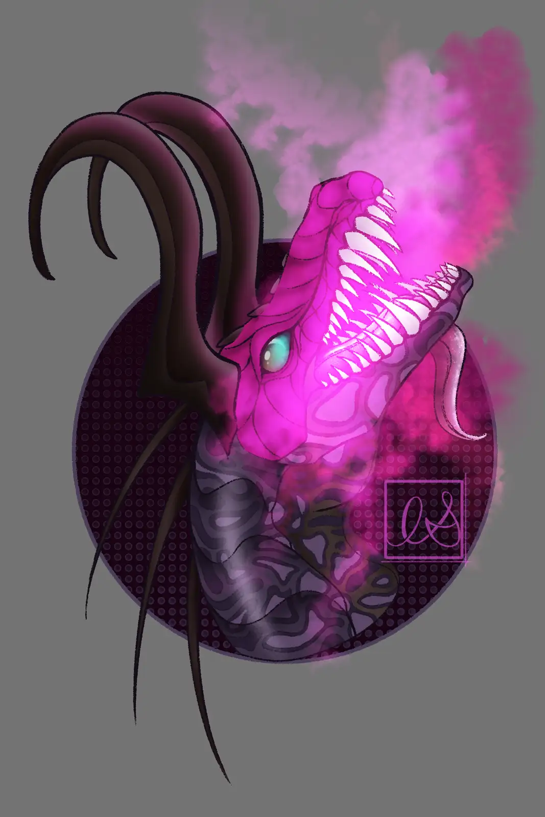 A stylized digital illustration of a menacing, glowing pink dragon-like creature with sharp teeth, glowing teal eye, and…