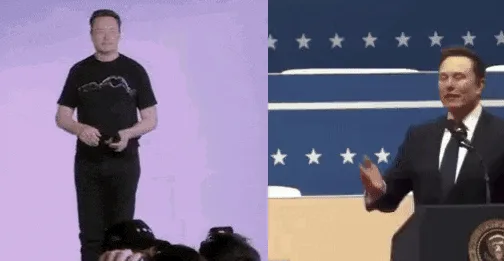 A split-screen image shows Elon Musk in two different outfits—black t-shirt and suit—repeating the same sequence of gestures…