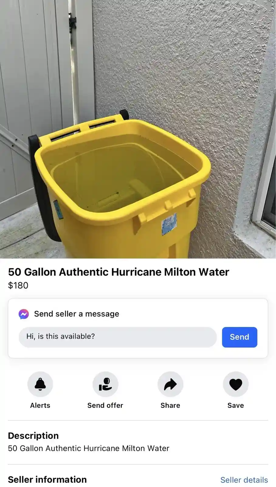 A screenshot of a marketplace listing shows a yellow plastic storage bin filled with water, labeled as '50 Gallon Authentic…