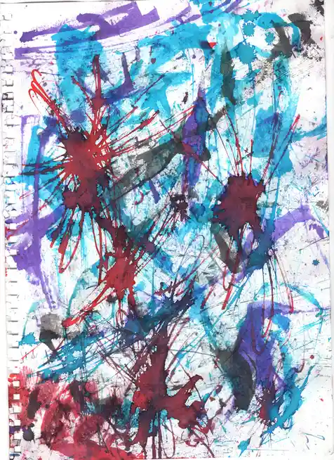 An abstract painting on white paper with a spiral binding edge shows chaotic splatters of red, blue, purple, and black…