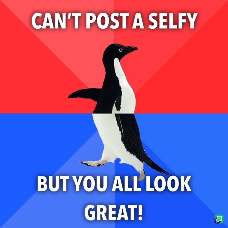 A black-and-white penguin stands centered against a red-and-blue background, with bold white text above reading 'CAN'T POST…