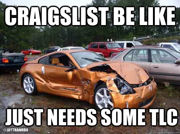 A heavily damaged orange sports car sits in a muddy lot surrounded by other vehicles. Large white text at the top reads…