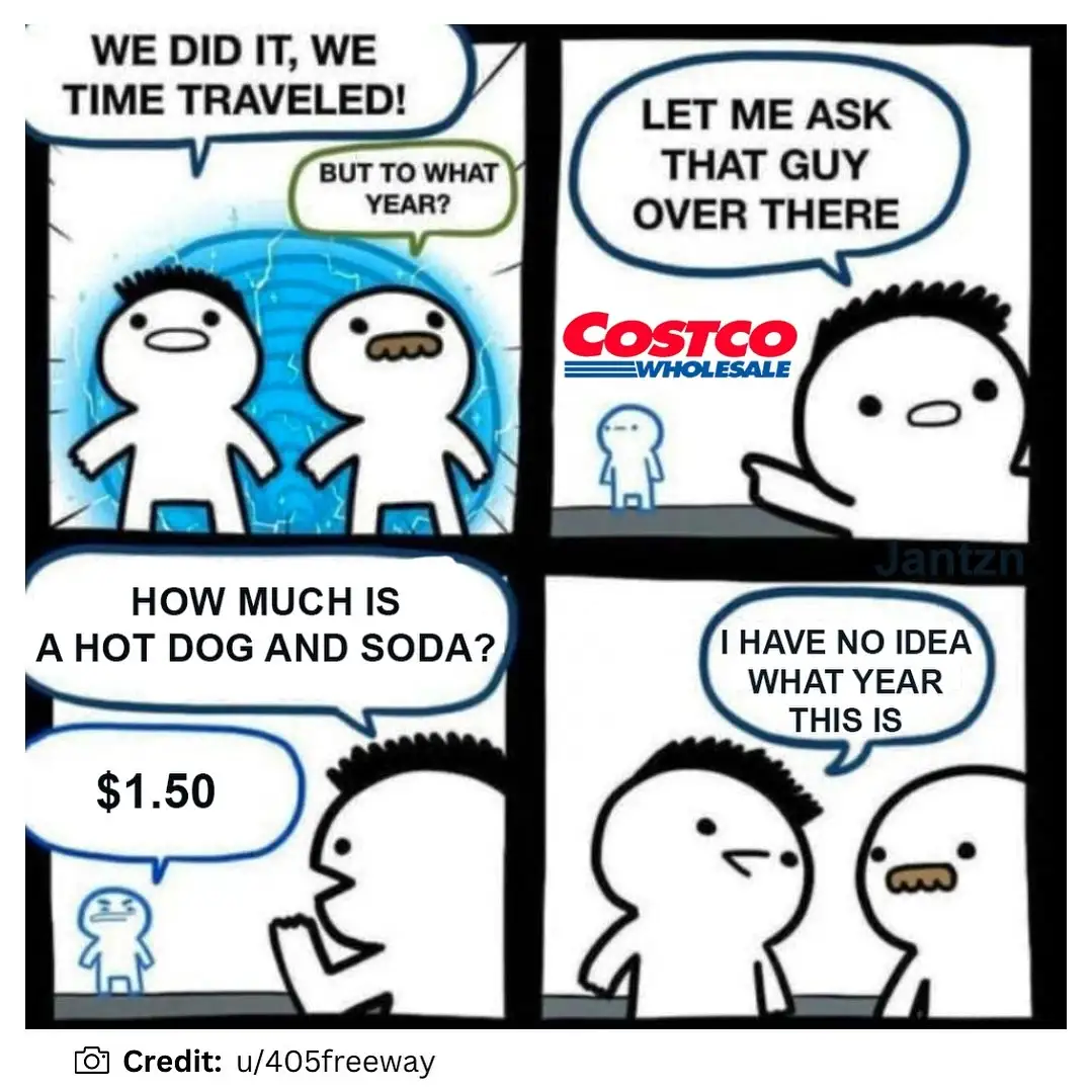 A four-panel comic strip featuring two stick-figure characters who have time-traveled and ask a Costco employee about the…