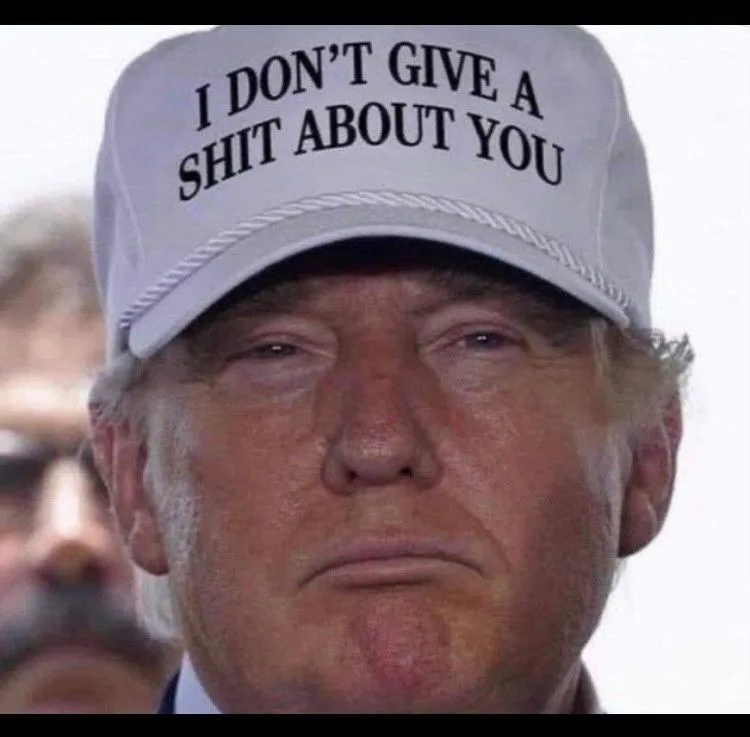 A close-up photo of Donald Trump wearing a white baseball cap with the text 'I DON'T GIVE A SHIT ABOUT YOU' printed in black…