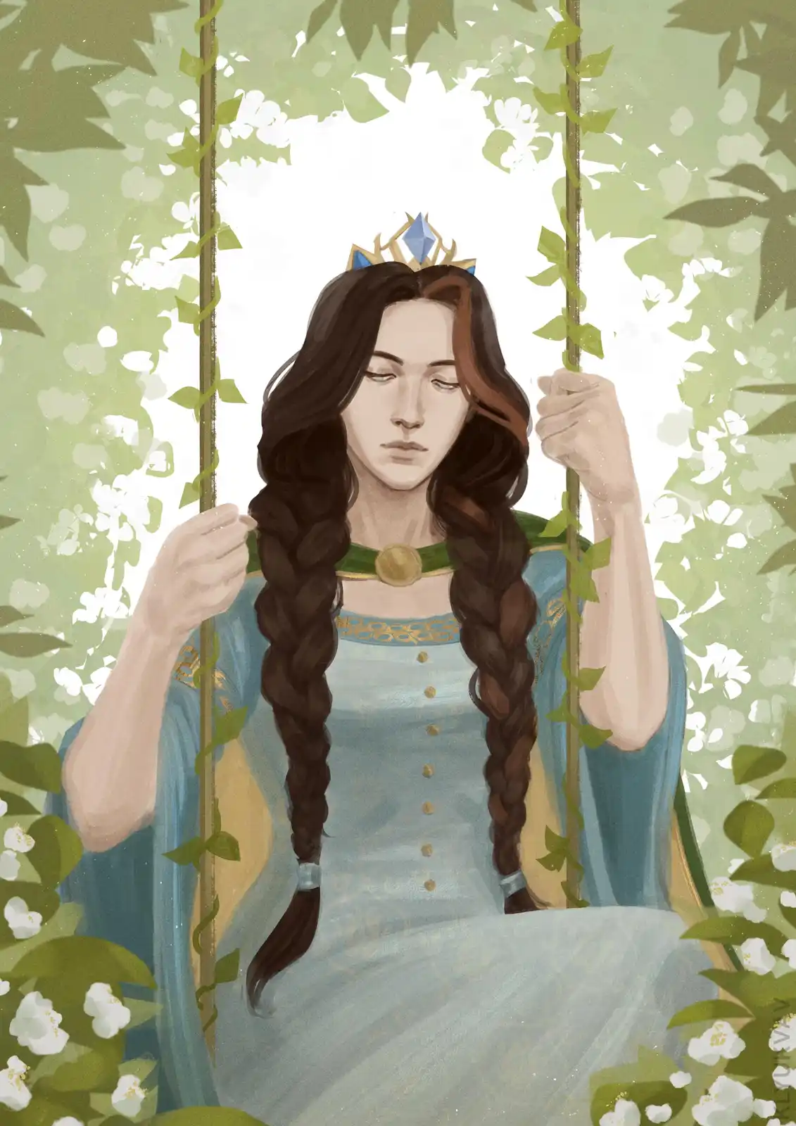 A woman with long braided hair and a crown sits on a swing surrounded by greenery and white flowers, wearing a blue dress…