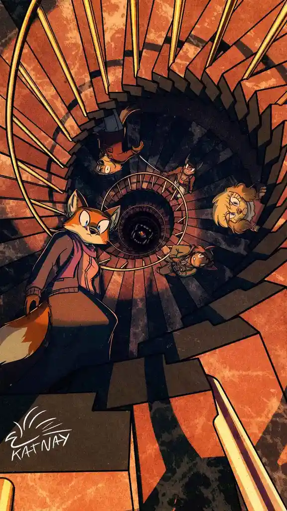 An illustration shows several anthropomorphic animal characters descending a spiraling, dimly lit staircase. The perspective…