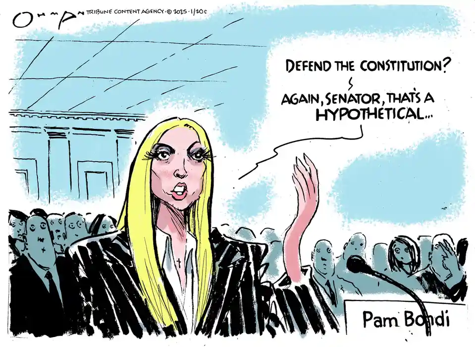 A cartoon depicts a woman with long blonde hair, identified as 'Pam Bondi', speaking at a podium in front of a crowd. She…