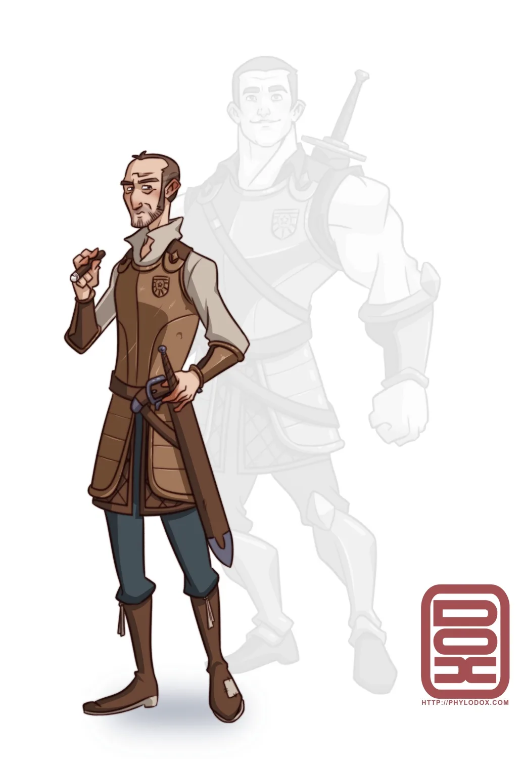 A cartoon illustration shows a man in brown leather armor holding a sword and a cigar, standing in front of a faded…