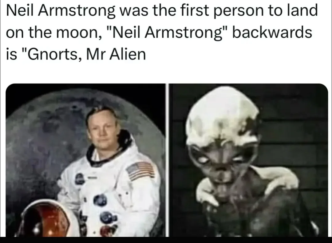 The image displays two side-by-side photos: on the left, astronaut Neil Armstrong in his space suit standing on the moon…