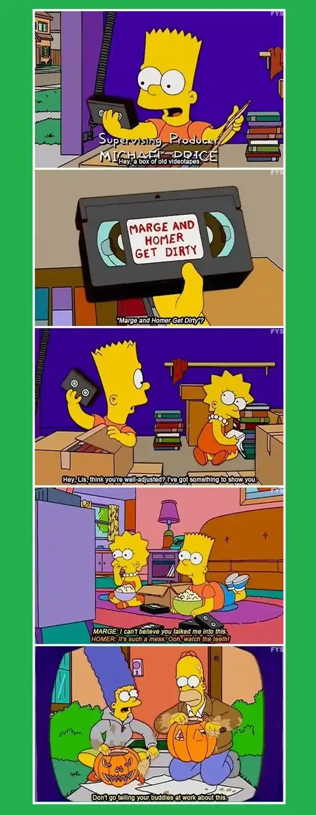 A five-panel Simpsons comic strip shows Bart finding a VHS tape labeled 'Marge and Homer Get Dirty' in a box of old tapes…