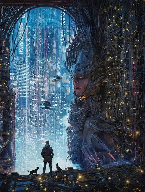 A person and two cats stand on a platform looking up at a colossal, cybernetic humanoid figure in a futuristic cityscape…