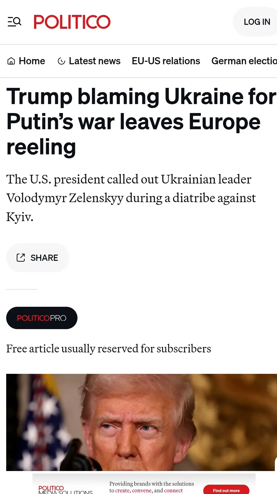 A screenshot of a Politico news article with a headline reading 'Trump blaming Ukraine for Putin's war leaves Europe…