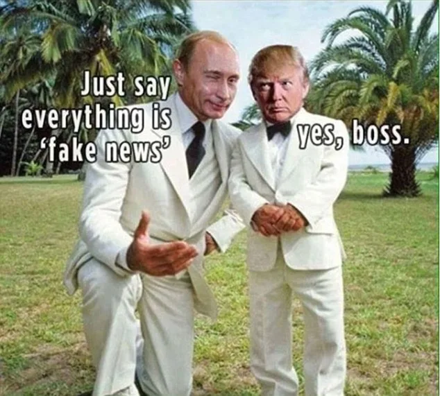 Two men in white suits stand outdoors near palm trees. The man on the left gestures while text says 'Just say everything is…