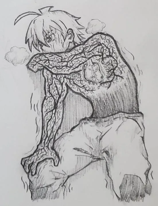 A black-and-white pencil sketch shows a young person with messy hair, hunched over and visibly distressed, with one arm…
