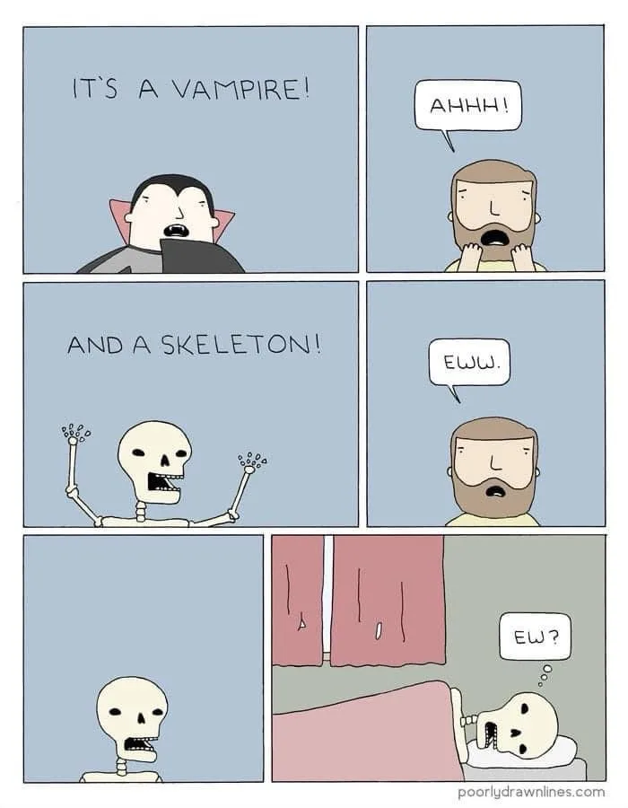 A six-panel comic strip shows a vampire yelling 'IT'S A VAMPIRE!' as a bearded man screams 'AHHH!'. The vampire then adds…