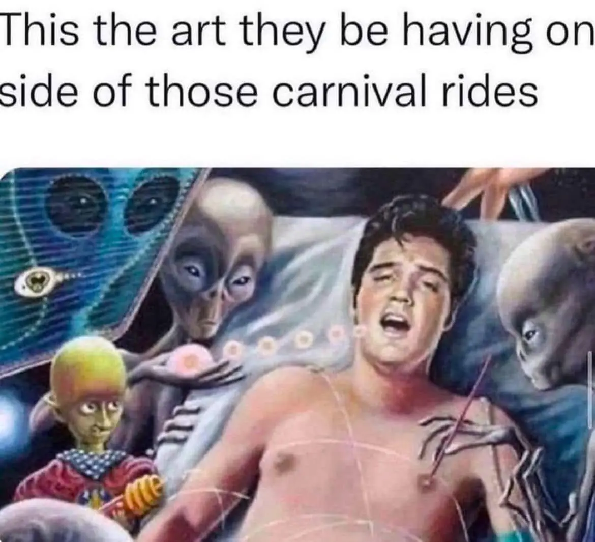 A vintage-style painting depicts a shirtless Elvis Presley lying in bed, surrounded by several grotesque alien figures. One…