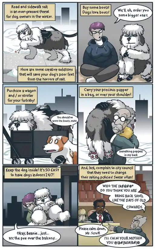 A six-panel comic strip depicts a dog owner's escalating, absurd attempts to protect their fluffy dog from winter sidewalk…